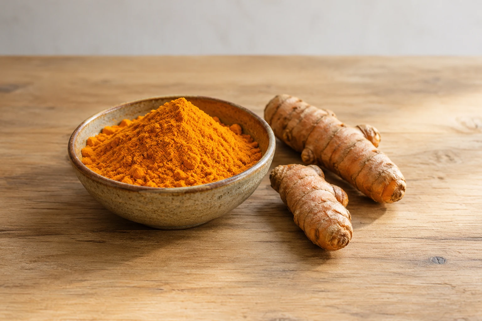 Bol en céramique de poudre de curcuma à côté de rhizomes sur bois éclairés naturellement