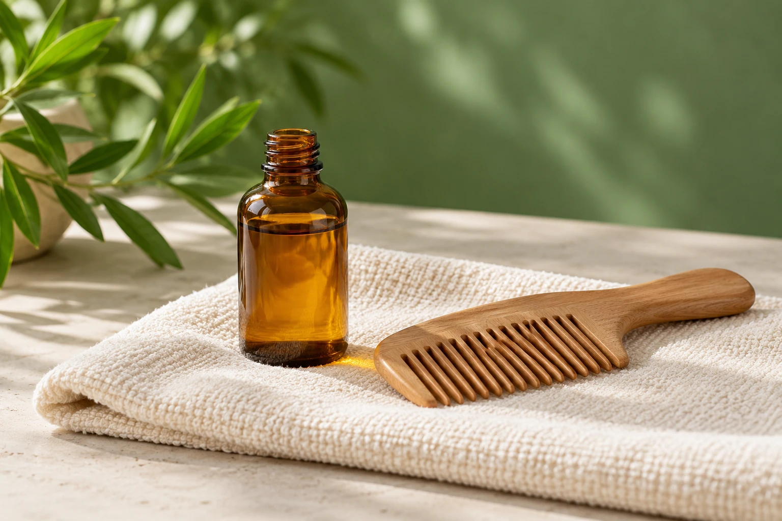 Flacon d'huile brune posé sur serviette beige à côté d'un peigne en bois