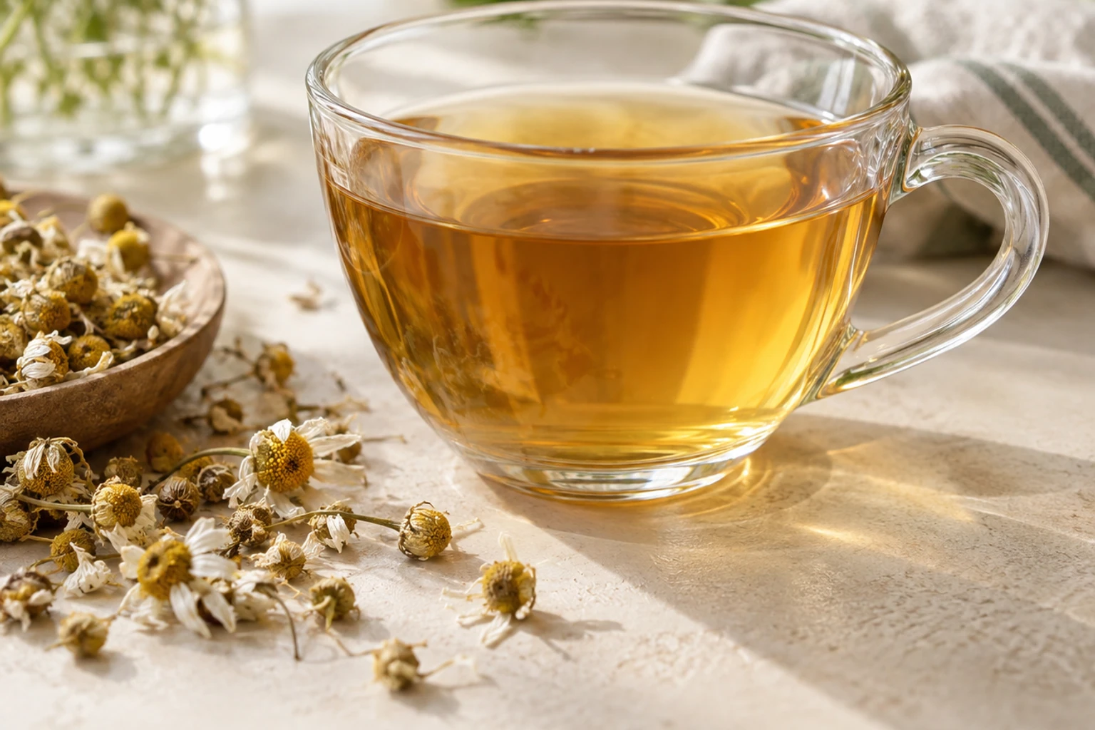 Tasse en verre de tisane dorée entourée de fleurs de camomille séchée sur table